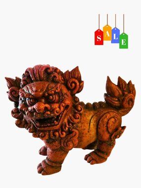 Vintage Red Resin Foo Dog Guardian Lion Feng Shui Statue 7" Asian Decor